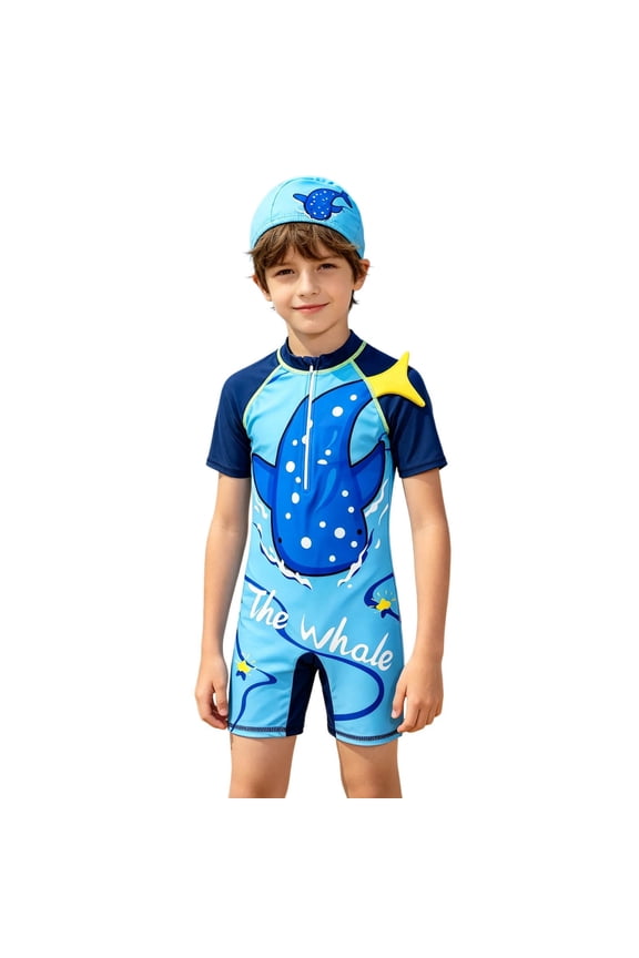 Boys Swimsuit 2 Piece Shark Print Rash Guard Long Sleeve Sun Protection Bathing Suit with Cap