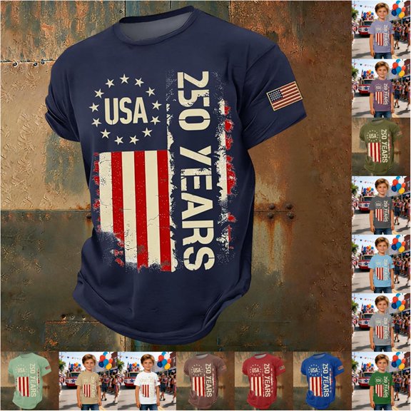 VOUZZA Boys USA 250th Anniversary T-Shirt Freedom Celebration Patriotic Graphic Printed Casual Short Sleeve Crewneck Tee Top for Kids Ages 2-13