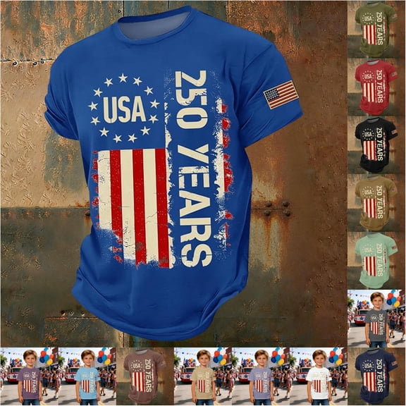 VOUZZA Boys USA 250th Anniversary T-Shirt Freedom Celebration Patriotic Graphic Printed Casual Short Sleeve Crewneck Tee Top for Kids Ages 2-13