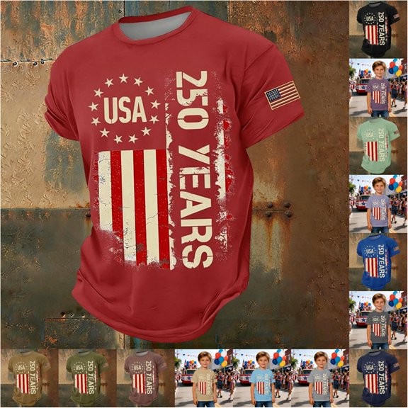 VOUZZA Boys USA 250th Anniversary T-Shirt Freedom Celebration Patriotic Graphic Printed Casual Short Sleeve Crewneck Tee Top for Kids Ages 2-13