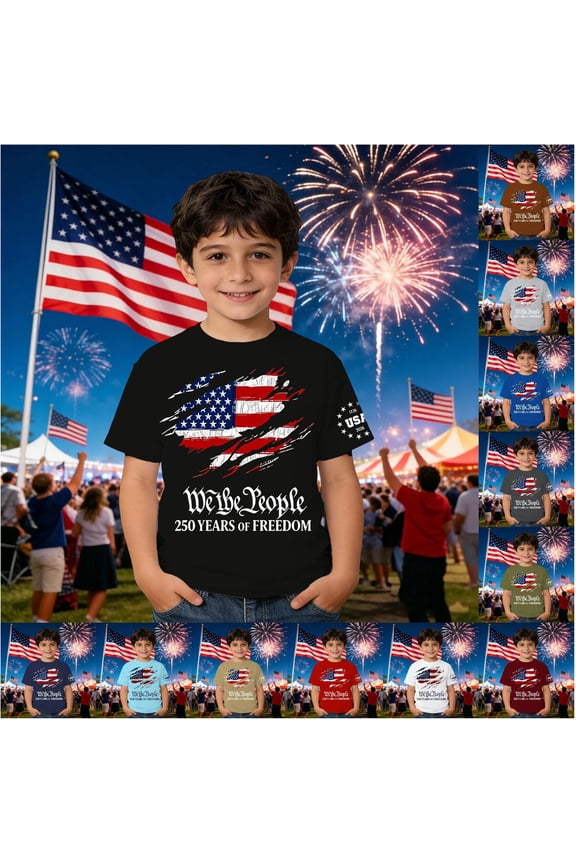 Boys USA Flag Pride Tee Independence Day Celebration Firework Graphic Print Casual Short Sleeve T-Shirt