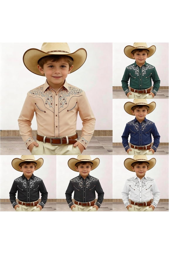 Boys Western Cowboy Shirt 3D Graphic Retro Theme Printed Long Sleeve Button Down Casual Top Denim Style Blouse for Kids Youth