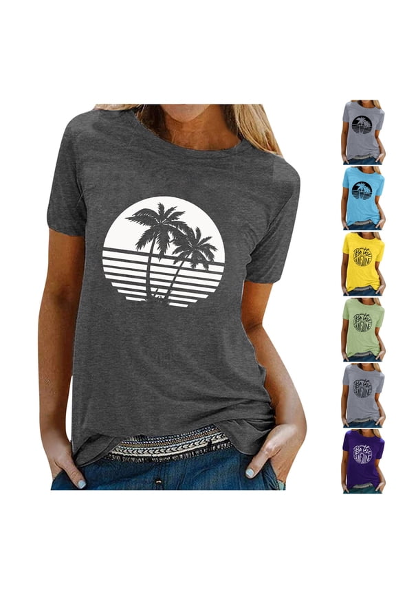 Casual Tops for Women Vintage Coconut Tree Print Sunny Short Sleeve Holiday Vacation T-Shirt Summer Beach Relaxation Blouse Tee