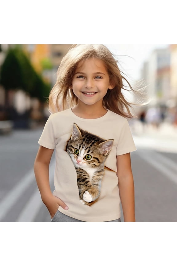 Cat Graphic Tee for Girls, Playful Cartoon Kitty Print Short Sleeve Round Neck Casual Loose Fit Cotton T-Shirt