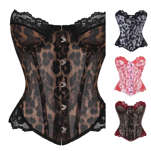VOUZZA Cheetah Print Corset Tops For Women Metal Hook Closure Slim Fit Leopard Print Mesh Lace Bustier Waist Cinching Bust Support Fashion Body Shaper For Night Out Lace Corset Top
