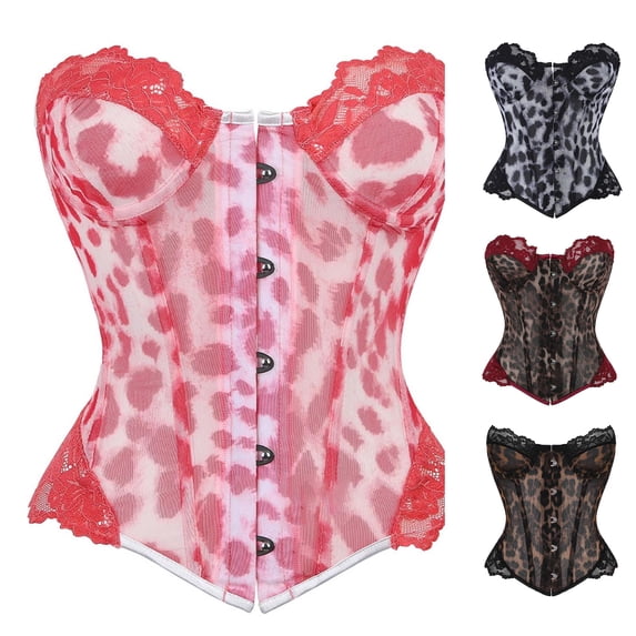VOUZZA Cheetah Print Corset Tops For Women Metal Hook Closure Slim Fit Leopard Print Mesh Lace Bustier Waist Cinching Bust Support Fashion Body Shaper For Night Out Lace Corset Top