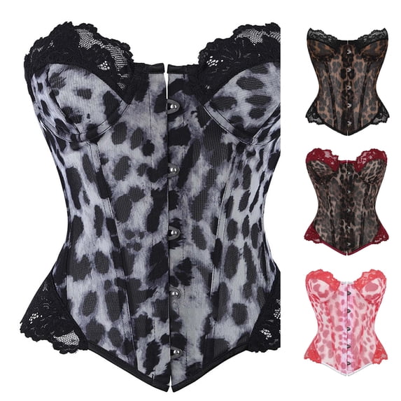 VOUZZA Cheetah Print Corset Tops For Women Metal Hook Closure Slim Fit Leopard Print Mesh Lace Bustier Waist Cinching Bust Support Fashion Body Shaper For Night Out Lace Corset Top
