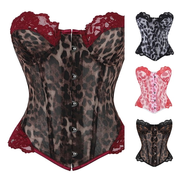 VOUZZA Cheetah Print Corset Tops For Women Metal Hook Closure Slim Fit Leopard Print Mesh Lace Bustier Waist Cinching Bust Support Fashion Body Shaper For Night Out Lace Corset Top
