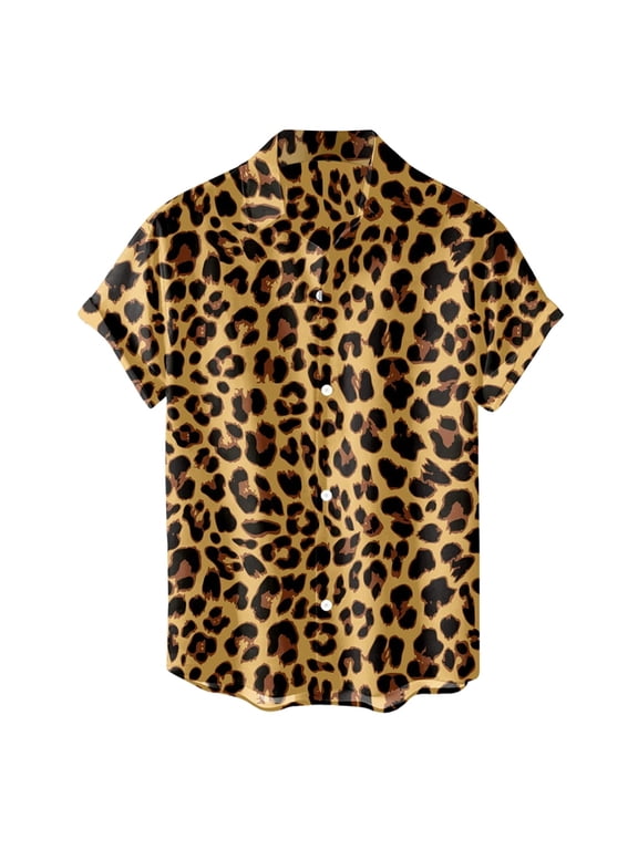 Cheetah Print Men Button Up Shirt Leopard Print Smooth Turndown Collar Shirt Short Sleeve Relaxed Fit Mens Shirts Casual