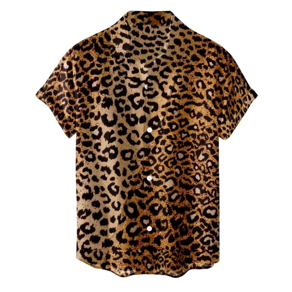 VOUZZA Cheetah Print Shirts for Men Loose Leopard Print Short Sleeve Lapel Buttons Blouses Sports Dress Shirts for Men