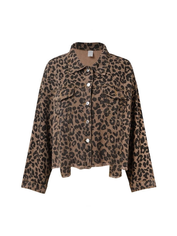 Cheetah Print Women's Long Oversized Denim Jacket Leopard Print Boyfriend Jean Jackets Coat