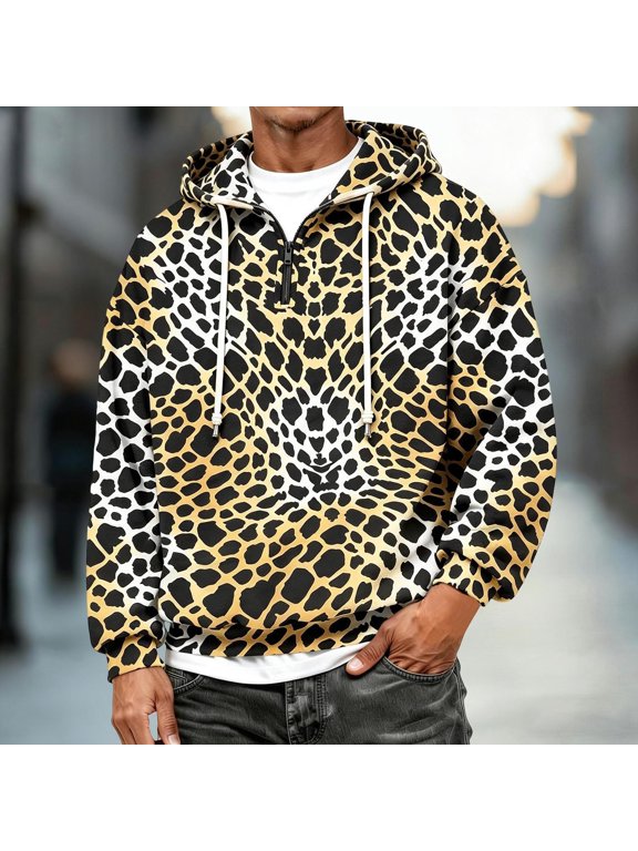 Cheetah Print for Mens Zip Up Hoodie Sweatshirt Jacket Long Sleeve Half Zip Animal Print Graphic Trendy Lounge Top Leopard Print Pullover Top