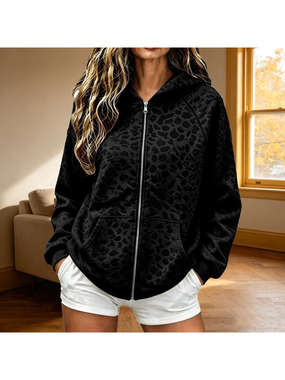 Hoodies for Women Cheetah Print Leopard Print Zip Up Long Sleeve Raglan Sweatshirt Front Pockets Ribbed Hem Casual Jacket