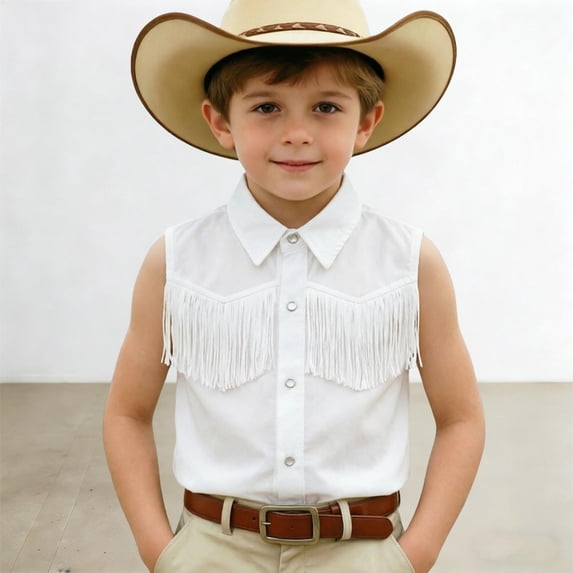 VOUZZA Cowboy Shirt for Kids, Western Fringe Sleeveless Button Down 70s Retro Vest for Boys Girls