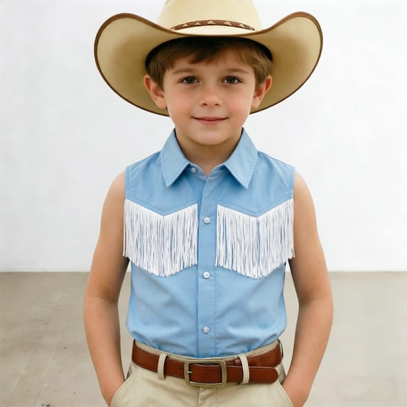VOUZZA Cowboy Shirt for Kids, Western Fringe Sleeveless Button Down 70s Retro Vest for Boys Girls