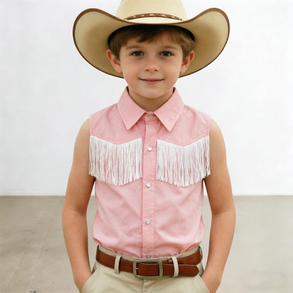 VOUZZA Cowboy Shirt for Kids, Western Fringe Sleeveless Button Down 70s Retro Vest for Boys Girls