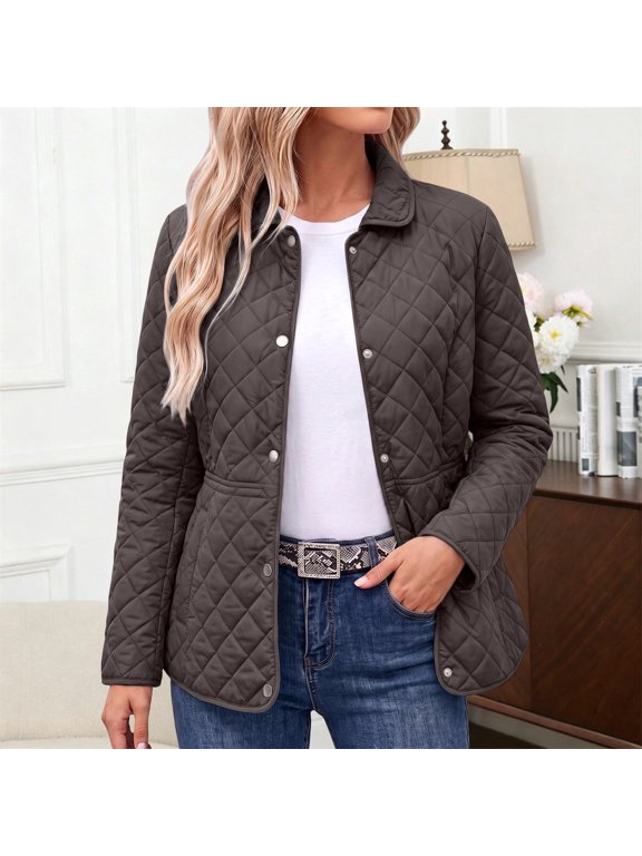 Fall Jackets For Women Quilted Solid Diamond Stitch Collared Long Sleeve Snap Front Coat Curved Hem Relaxed Casual Layering Top