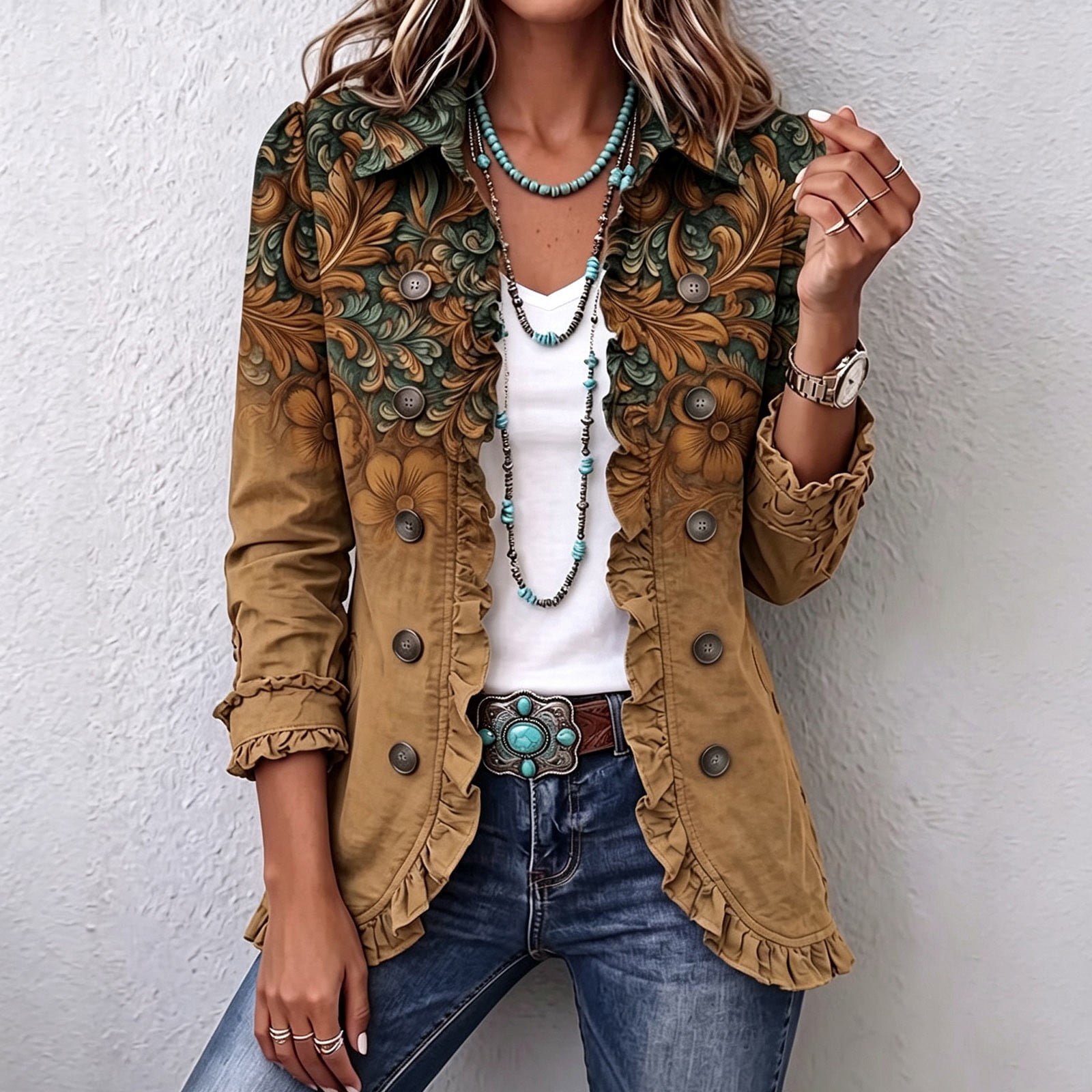 VOUZZA Fall Jackets For Women Ruffle Trim Floral Scroll Print Collared ...