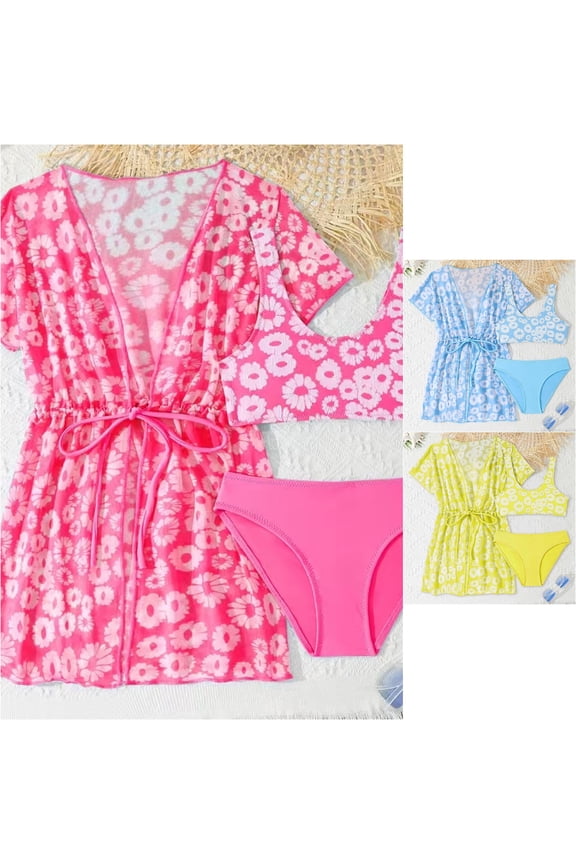Girls 3-Piece Swimsuit Set Sweet Floral Pattern Long Sleeve Rash Guard Bikini Top Bottom and Hooded Swim Coat Bathing Suit Set Ages 8-13