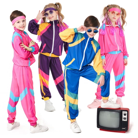 VOUZZA Girls 80s 90s Retro Windbreaker Set Workout Tracksuit Zip Up Jacket and Pants 2 Piece Vintage Disco Dance Costume Athletic Outfit Suit for Kids