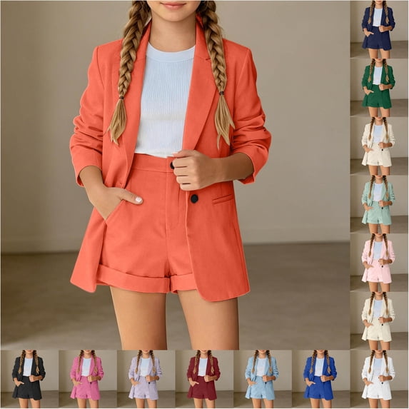 VOUZZA Girls Blazer Outfits 2-Piece Set Double Long Sleeve Suit Jacket with High Waisted Casual Shorts 3-14