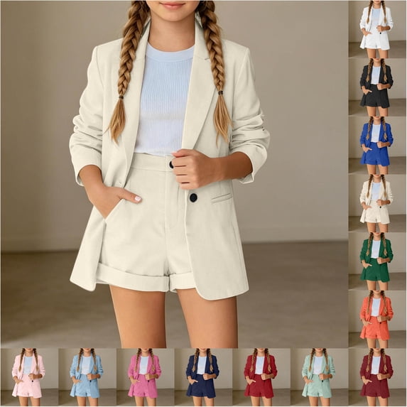 VOUZZA Girls Blazer Outfits 2-Piece Set Double Long Sleeve Suit Jacket with High Waisted Casual Shorts 3-14