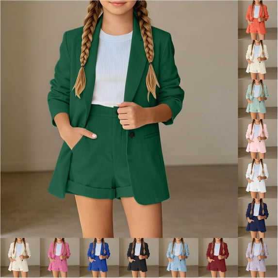 VOUZZA Girls Blazer Outfits 2-Piece Set Double Long Sleeve Suit Jacket with High Waisted Casual Shorts 3-14