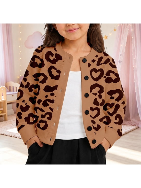 Girls Button Front Cardigan Leopard Print Cheetah Print Crewneck Long Sleeve Knit Sweater Jacket with Heart Spots Cardigan Sweaters