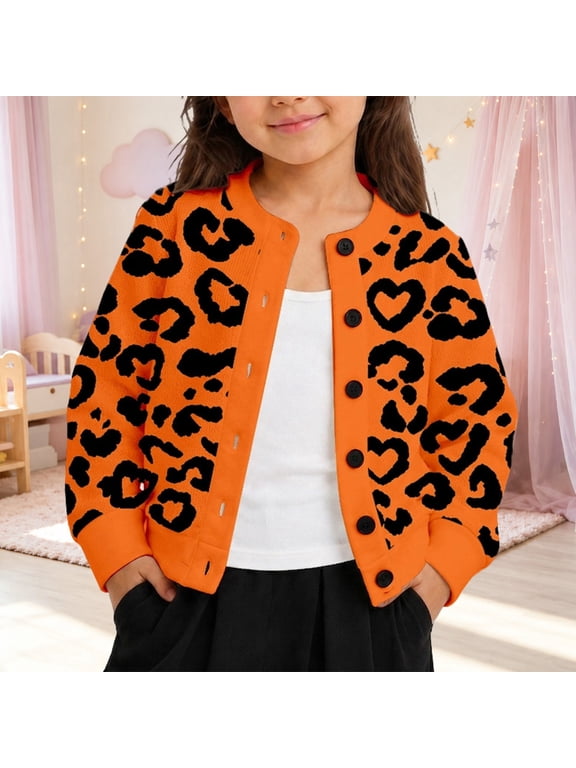 Girls Button Front Cardigan Leopard Print Cheetah Print Crewneck Long Sleeve Knit Sweater Jacket with Heart Spots Cardigan Sweaters