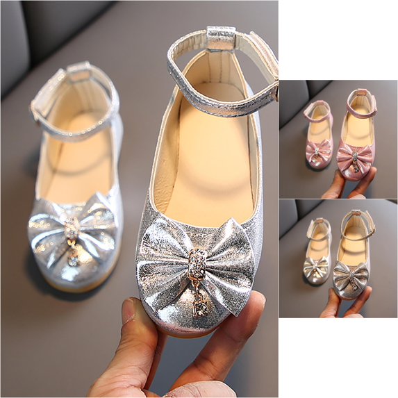 VOUZZA Girls Dress Shoes Rhinestone Bow Mary Jane Flat Shoes Glitter Princess Loafers Kids Wedding Party Dance Flats, Size 8C-3 Kid