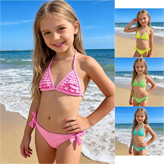 VOUZZA Girls Floral Bikini Swimsuit Layered Ruffle Camisole Top and Side Tie Bottom Two Piece Beachwear for Kids