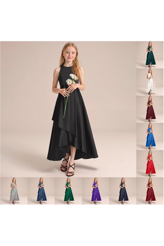 Girls Formal Gown Elegant Sleeveless High-Low Pleated Mesh Tutu Pageant Dress Runway Show Piano Performance Princess Outfit Ages 2-14