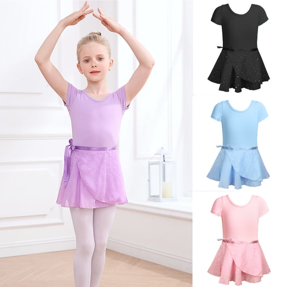 VOUZZA Girls Heart Design Ballet Leotard with Short Sleeve Removable Skirt 2-Piece Gymnastics Performance Set
