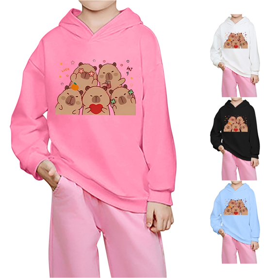 VOUZZA Girls Hoodies, Capybara Graphic Long Sleeve Oversized Lightweight Pullover Sweatshirt, Casual Spring Fall Hooded Sweater Top for Boys and Girls