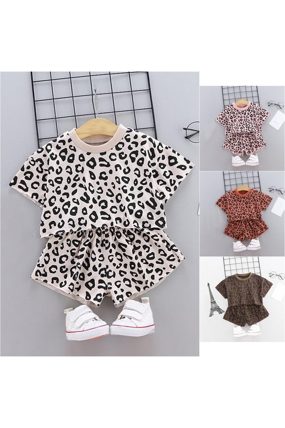 Girls Leopard Outfit Summer Fashion Crewneck Short Sleeve T-Shirt and Wild Animal Print Shorts 2-Piece Set