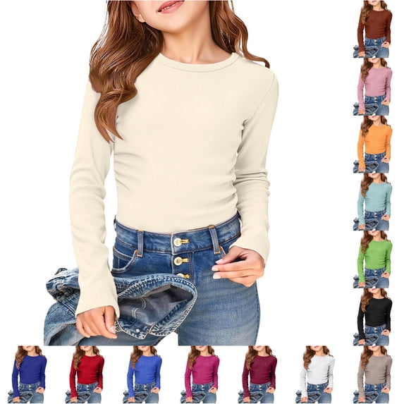 VOUZZA Girls Long Sleeve T-Shirt Elastic Crewneck Slim Fit Ribbed Knit Tee Casual Solid Color Basic Undershirt Clothes