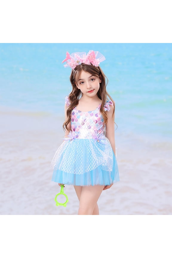 Girls Tail Swimsuit 2-Piece Sparkly Scale Princess Bathing Suit Set Bikini Halter Top and Skirt Swimwear for Kids Ages 3-12
