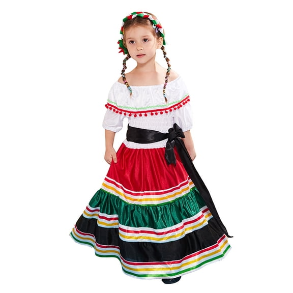 VOUZZA Girls Mexican Folkloric Long Dress Day of the Dead Roleplay Off Shoulder Ruffle Party Costume with Headband