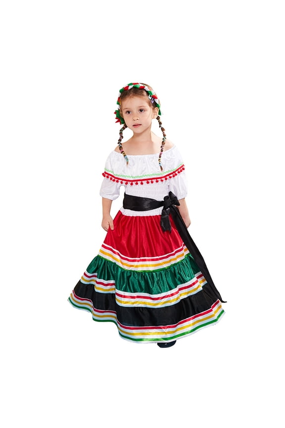 Girls Mexican Folkloric Long Dress Day of the Dead Roleplay Off Shoulder Ruffle Party Costume with Headband