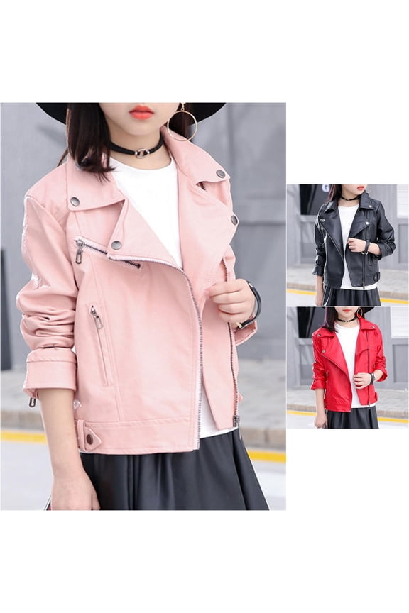 Girls Moto Jacket Fashion Lapel Zip Up Leather Biker Coat Slim Fit Punk Style Outerwear 3-16 Years