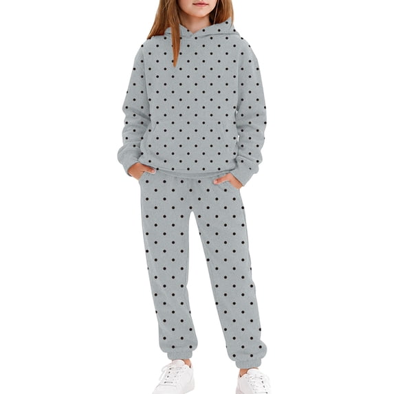 VOUZZA Girls Polka Dot Tracksuit 2 Piece Long Sleeve Hooded Sweatshirt Kangaroo Pocket Jogger Pants Casual Matching Set