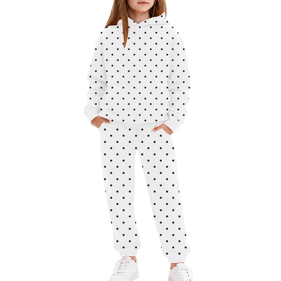 VOUZZA Girls Polka Dot Tracksuit 2 Piece Long Sleeve Hooded Sweatshirt Kangaroo Pocket Jogger Pants Cuffed Casual Matching Set