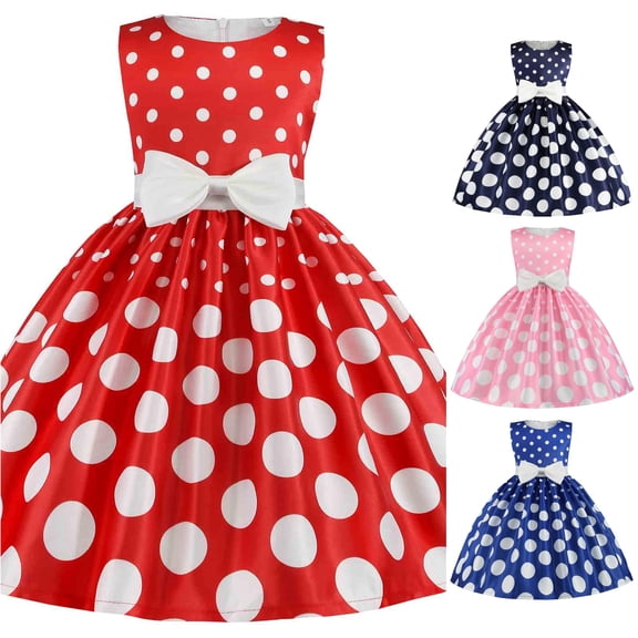 VOUZZA Girls Princess Gown Vintage Polka Dot Print Sleeveless Back Bowknot A-Line Birthday Pageant Party Dress 1-8Y
