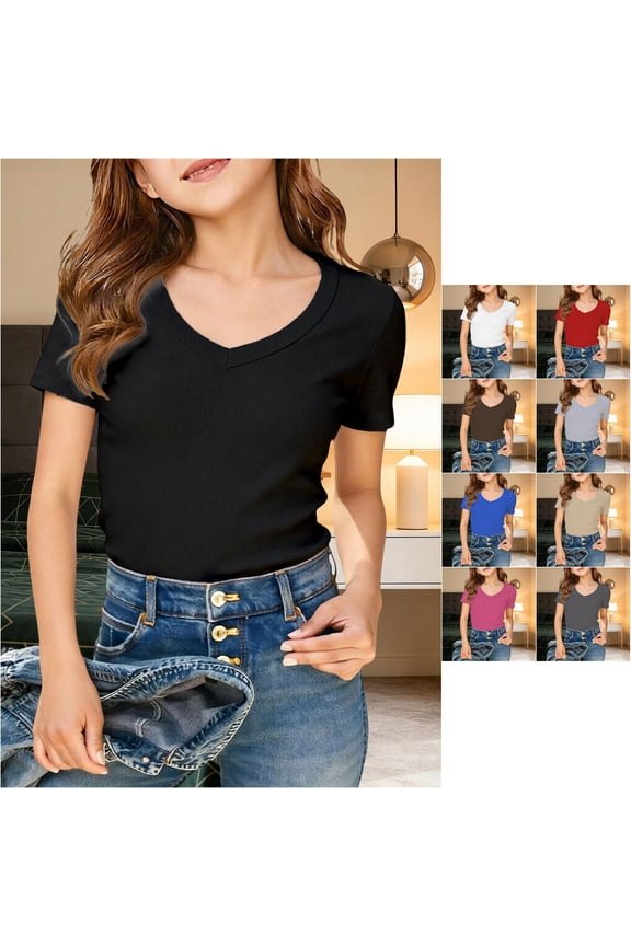 Girls Ribbed T-Shirt Comfortable V-Neck Short Sleeve Basic Underwear Base Layer Top for Tweens Big Kids