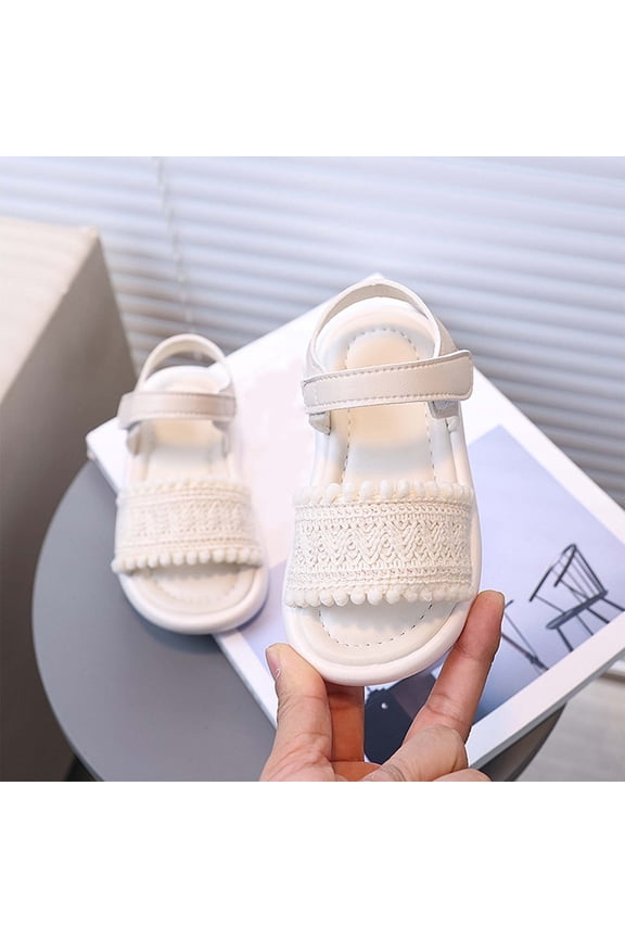 Girls Ruffle Trim Sandals Summer Princess Style Solid Color Open Toe Flat Beach Sandals Soft Cushioned Sole Infant Casual Footwear
