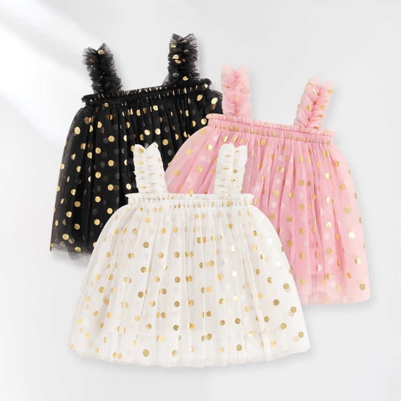 VOUZZA Girls Sleeveless Holiday Party Mesh Dress Gold Polka Dot Print Puffy Tutu Princess Gown Formal Wear
