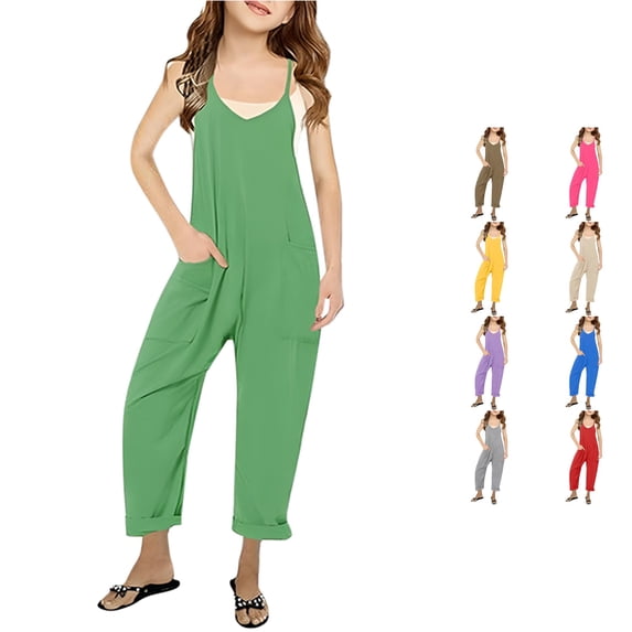 VOUZZA Girls Suspender Jumpsuit Fashion Casual Solid Color V-Neck Loose Fit Strap Long Wide Leg Romper Pants with Pockets
