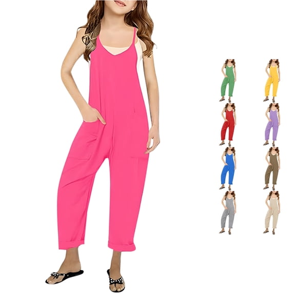 VOUZZA Girls Suspender Jumpsuit Fashion Casual Solid Color V-Neck Loose Fit Strap Long Wide Leg Romper Pants with Pockets