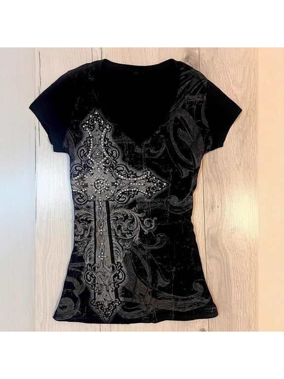 Grunge Shirts Vintage Graphic Printed Tees Y2k 2000s Goth Top Women Mcbling Short Sleeve Crew Neck Streetwear Emo Clothes