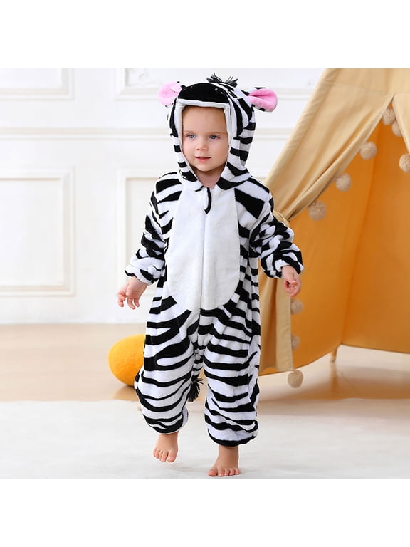 Halloween Boys Costume Zebra Hooded Jumpsuit Striped Long Sleeve Zip Front Romper With Ears And Tail Dress Up Outfit